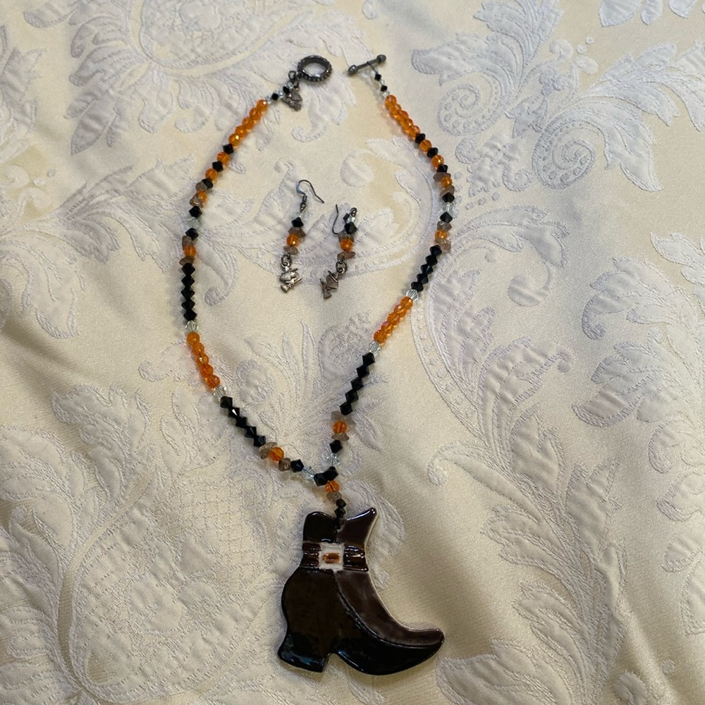 Pamela Reece Originals-porcelain Witch-boot & crystal necklace/earrings set